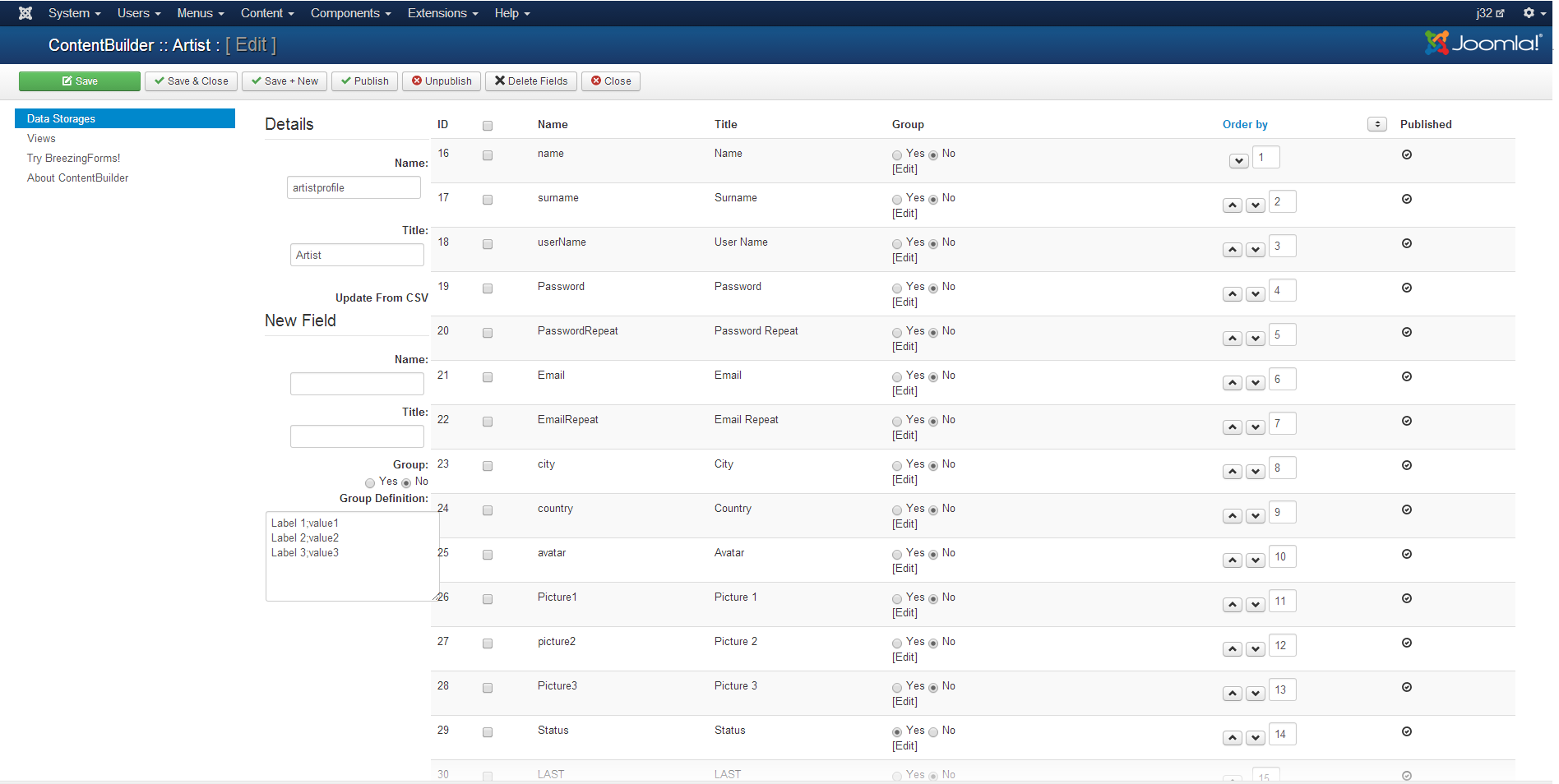 The built-in Data Storage with some fields for profile data